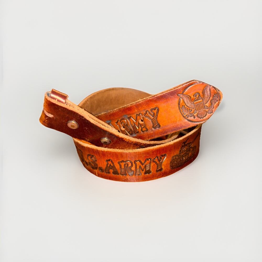 Vintage US Army Genuine Leather Tooled Belt No Buckle 38